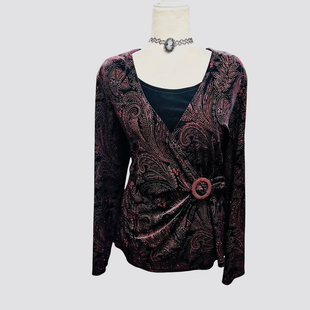 Vtg.Y2k Women Size XL 3 Red Black Velvet‎ Faux Wrap Top Long Sleeve Stretch Goth